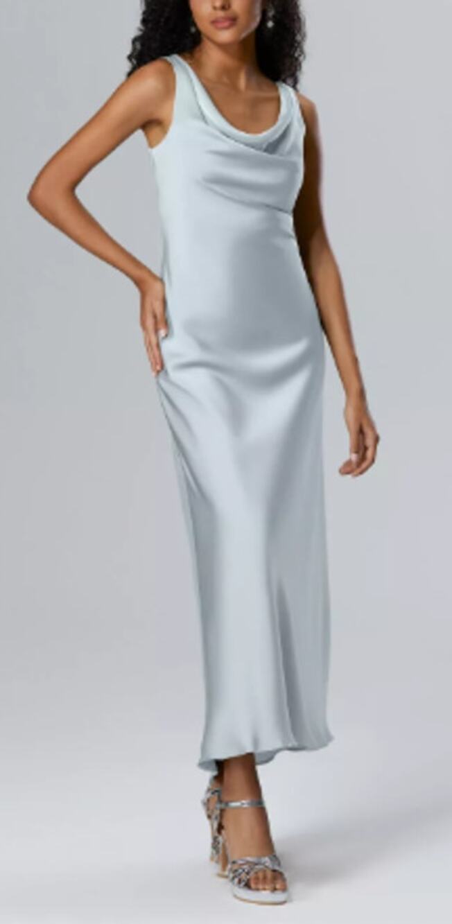AW BRIDAL SZ 0 XS baby blue Ottilie cowl neck satin party maxi dress NEW 0B19